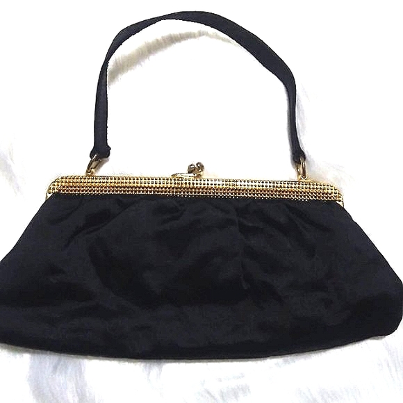 VINTAGE TARKOR BAGS BLACK HAND BAG GOLD TONE HARDWARE RETRO CHIC PARTY SOCIAL - Picture 2 of 8